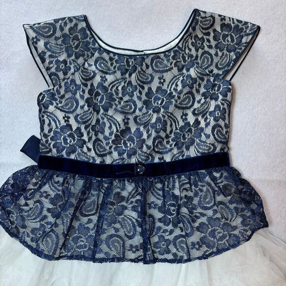 Jona Michelle Navy Blue White Lace Peplum Tiered Tulle Fancy Party Dress Size 10 - Picture 2 of 6